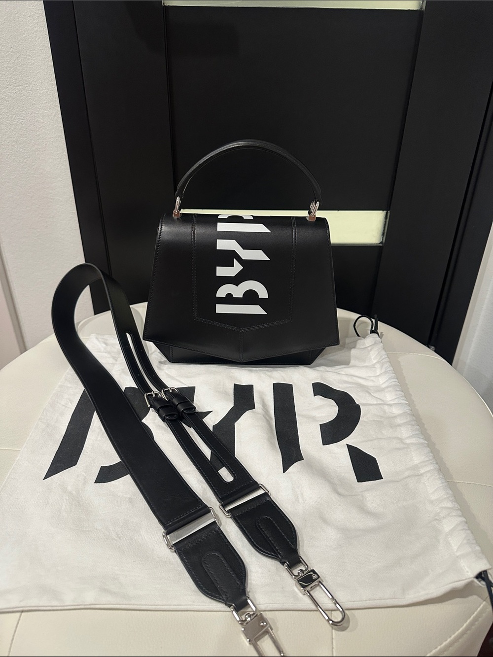 Byredo Black Leather Top-Handle Satchel with White Logo Made in Italy Handbag!